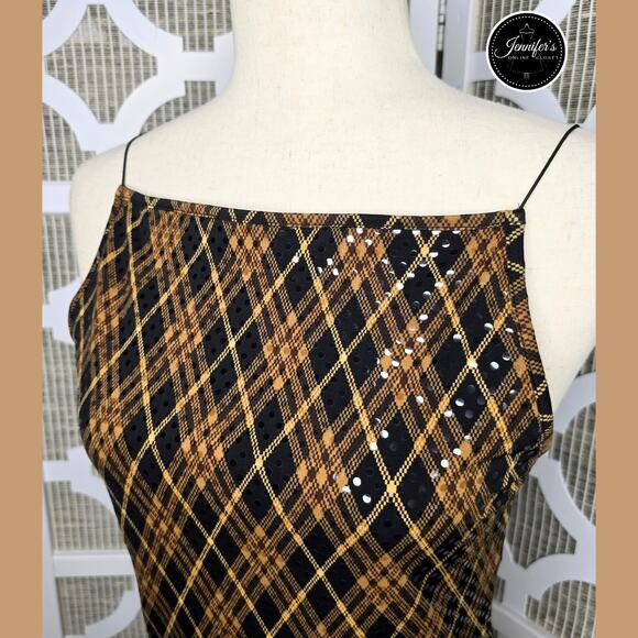 Express NWT Black/Gold/Brown Argyle Sequin Shimmer Tank Top Size Medium - Picture 2 of 13